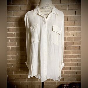 FREE PEOPLE White Long Sleeve Button Down Shirt with Adjustable Back Panel